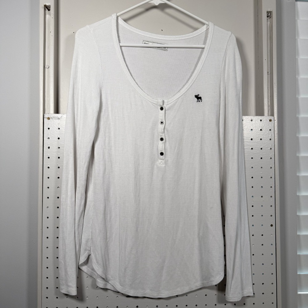 Abercrombie & Fitch Henley Shirt Women's White Rib Knit Scoop Neck Top Large VTG